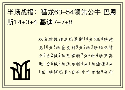 半场战报：猛龙63-54领先公牛 巴恩斯14+3+4 基迪7+7+8