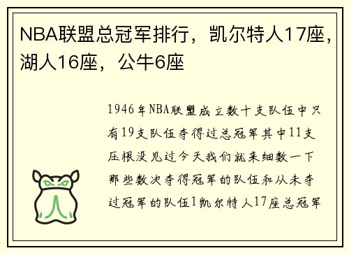 NBA联盟总冠军排行，凯尔特人17座，湖人16座，公牛6座